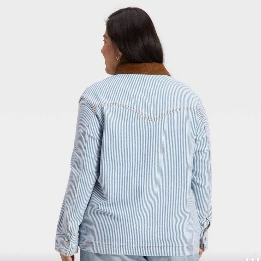 Size Small Universal Thread Blue Striped Jean Jacket with Brown Collar - Picture 2 of 5